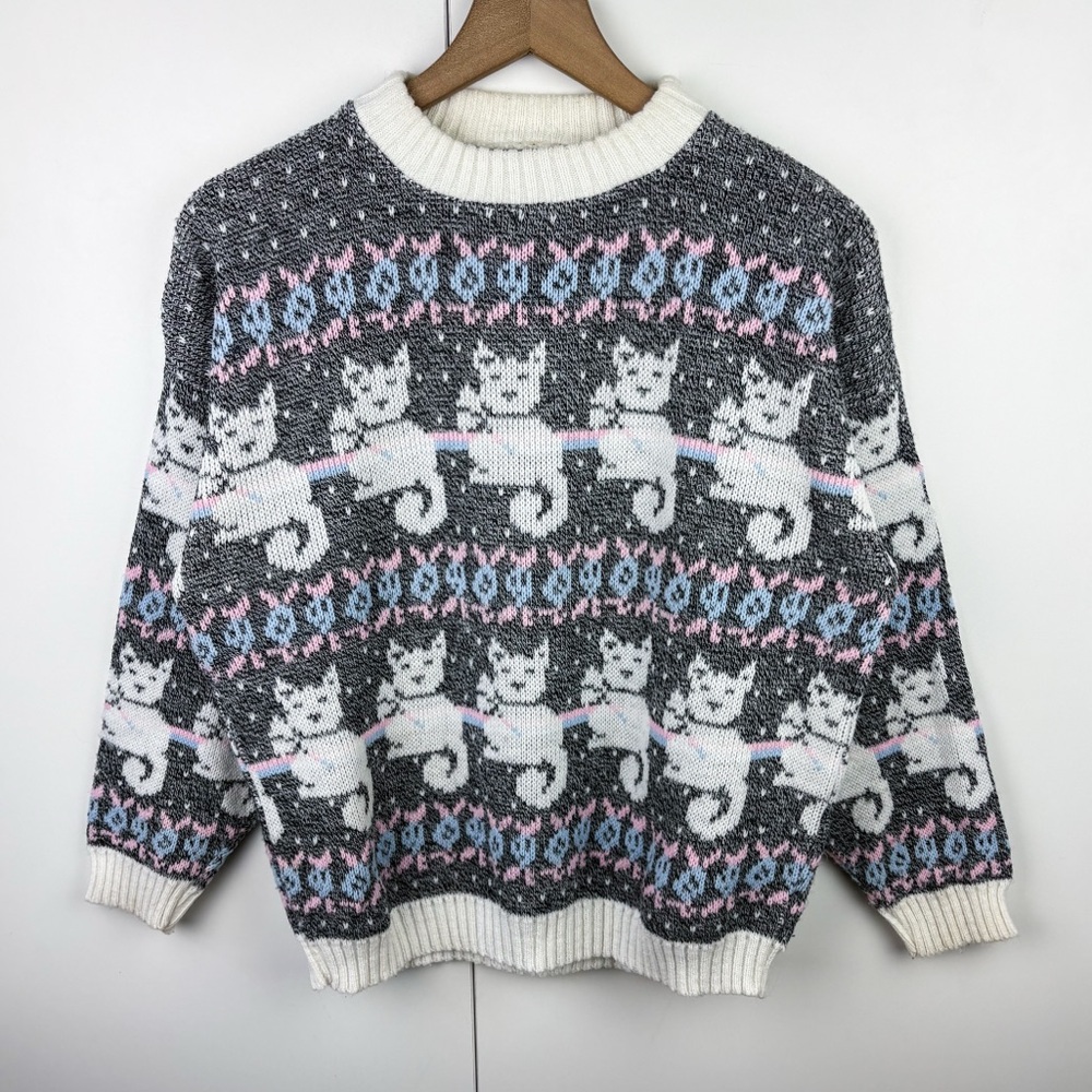 Vintage Cat Fair Isle Polka Dot Crew Neck Sweater Cottagecore Kawaii Grandma